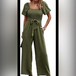 Olive Green Smocked Jumpsuit